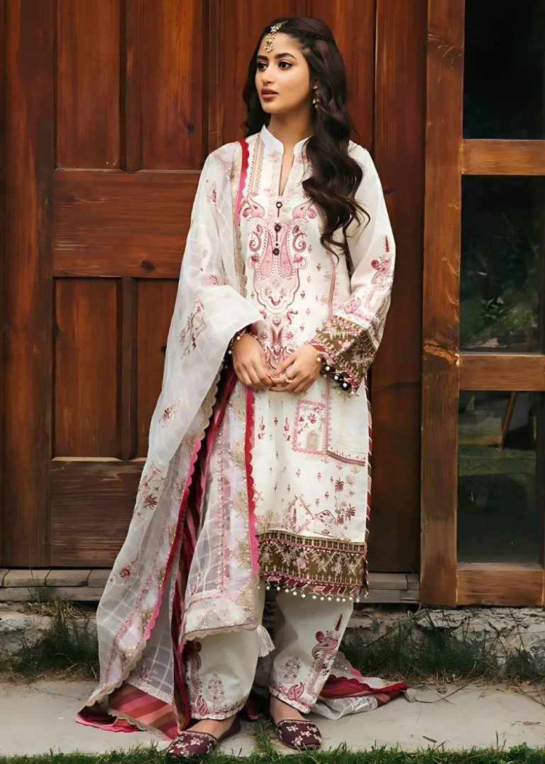 Qalamkar 3-Piece Unstitched Premium White Luxury Embroidered Front, Back &amp;amp; Sleeves with Embroidered Dupatta &amp;amp; Pallu - Askani Group