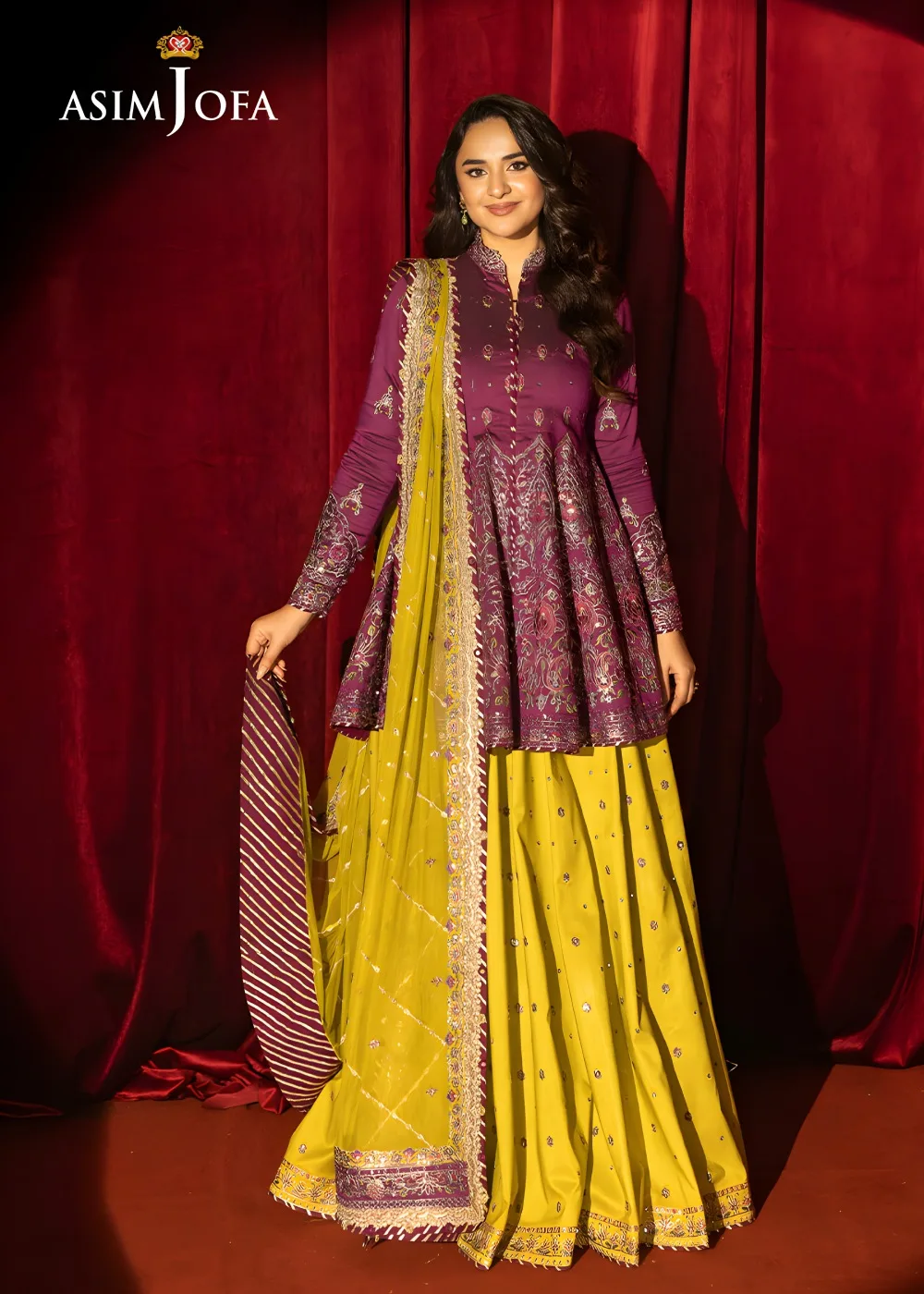 Asim Jofa Luxury Embroidered Two Tone Cotton Silk Shirt with Embroidered Raw Silk Lehenga and Embroidered Net Dupatta - AJLFF-17
