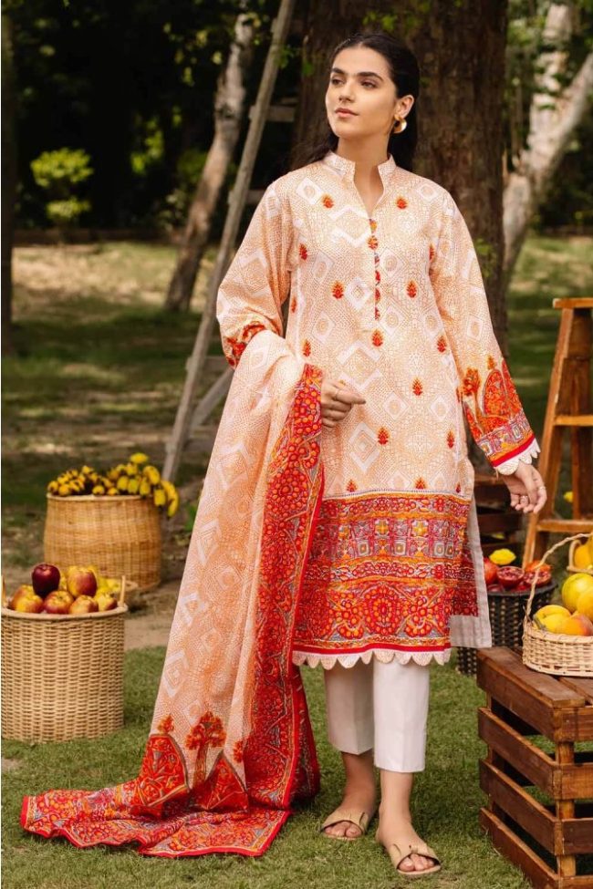 3PC Unstitched Cambric Cotton Embroidered Suit with Printed Lawn Dupatta CBE-12001 by Gul Ahmed