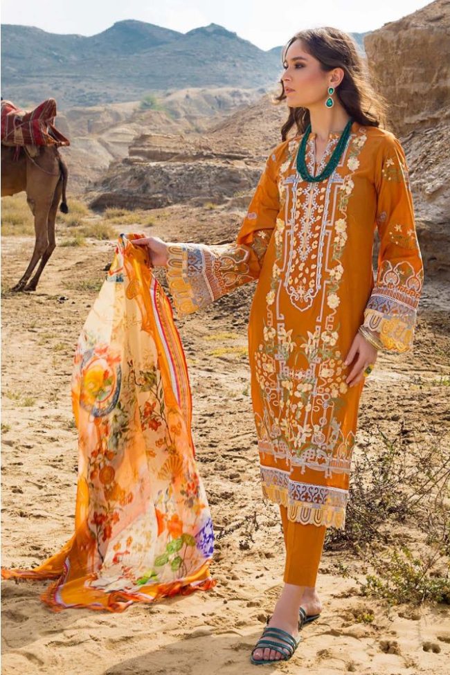 3PC Unstitched Lawn Embroidered Suit With Digital Printed Tissue Silk Dupatta SSM-57 by Gul Ahmed