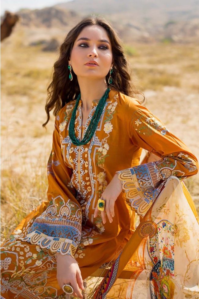 3PC Unstitched Lawn Embroidered Suit With Digital Printed Tissue Silk Dupatta SSM-57 by Gul Ahmed