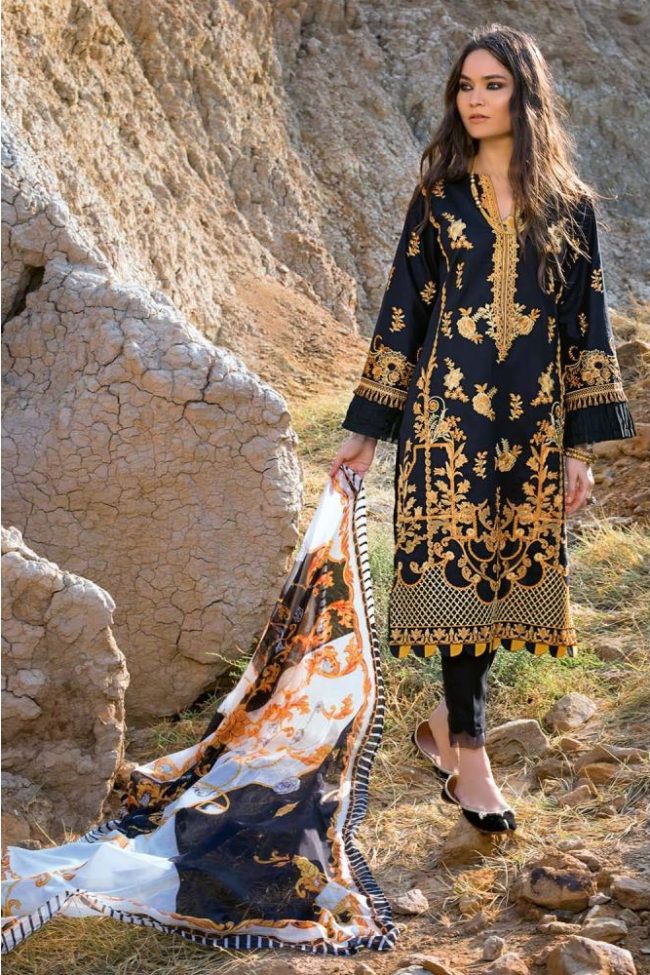 3PC Unstitched Lawn Embroidered Suit With Digital Printed Tissue Silk Dupatta SSM-59 by Gul Ahmed