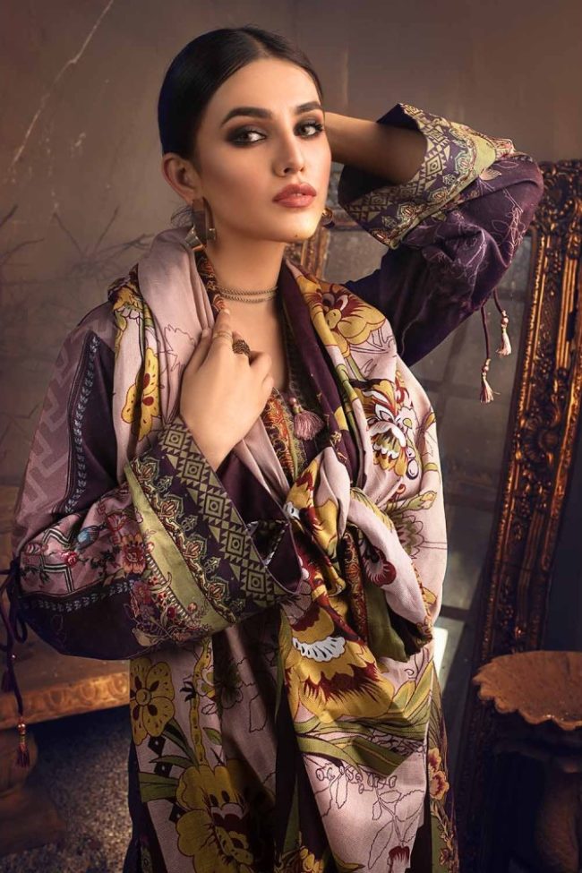 3PC Unstitched Embroidered Corduroy Suit with Digital Printed Cotton Net Dupatta CD-12014 - Gul Ahmed New Collection Winter