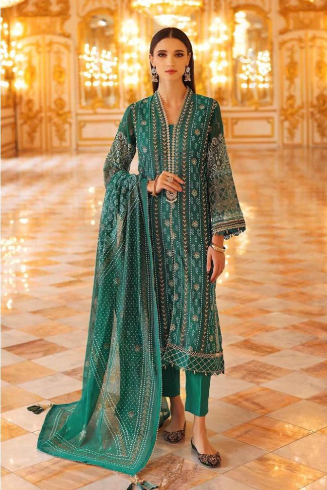 3PC Unstitched Gold and Lacquer Printed Embroidered Suit with Cotton Net Dupatta PRW-22009 - Pre Wedding Collection by Gul Ahmed