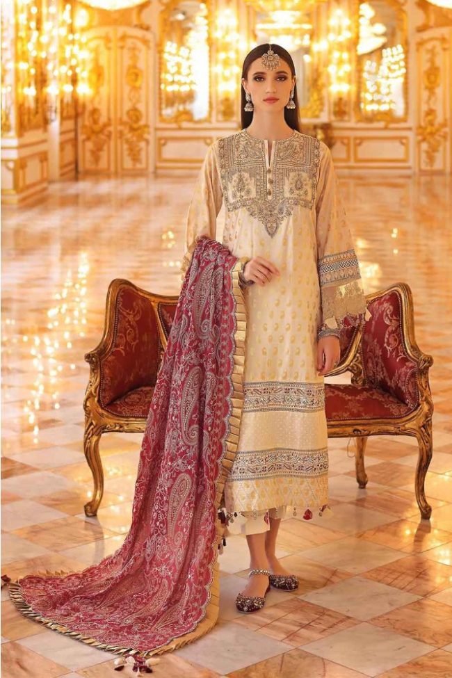 3PC Unstitched Jacquard Embroidered Suit with Paper Cotton Dupatta PRW-22005 | Pre Wedding Collection | Pakistani Wedding Party Dresses | Gul Ahmed