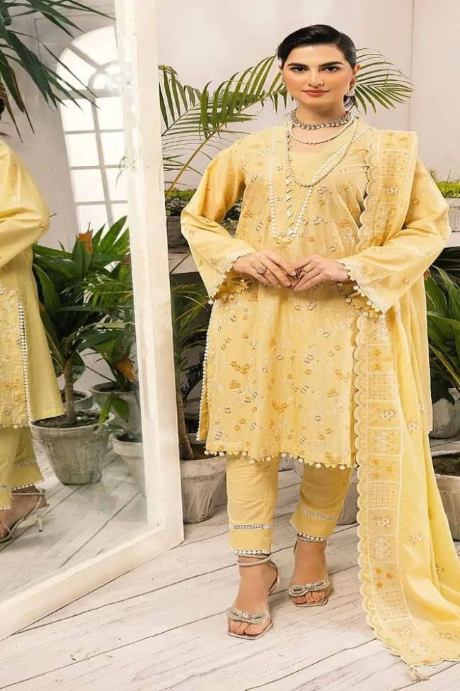 3PC Embroidered Lawn Unstitched Printed Suit With Embroidered Denting Lawn Dupatta DN-32100 by Gul Ahmed Embroidered Lawn