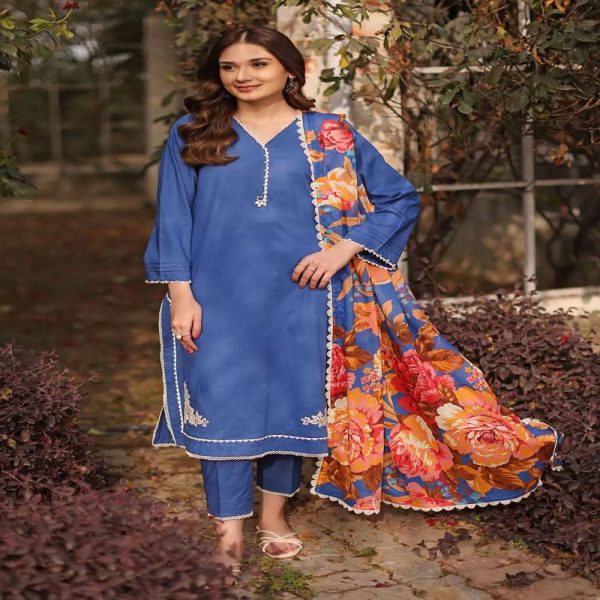 3PC Embroidered Lawn Unstitched Suit With Laces and Digital Printed Denting Lawn Dupatta DN-32060 by Gul Ahmed Embroidered Lawn