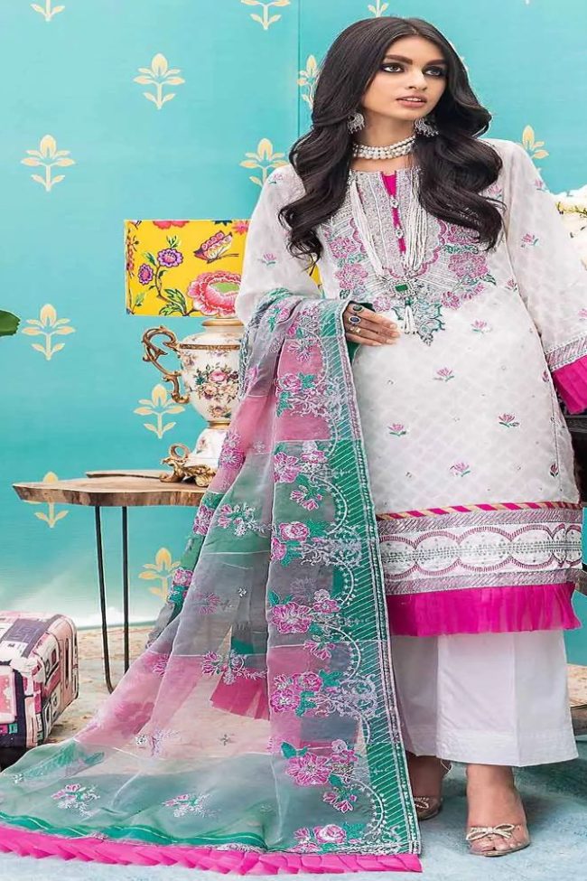 3PC Unstitched Jacquard Embroidered Suit with Striped Organza Dupatta FE-12025 - GulAhmed Luxury Jacquard Collection 2023 - Gul Ahmed Jacquard Sale 2023