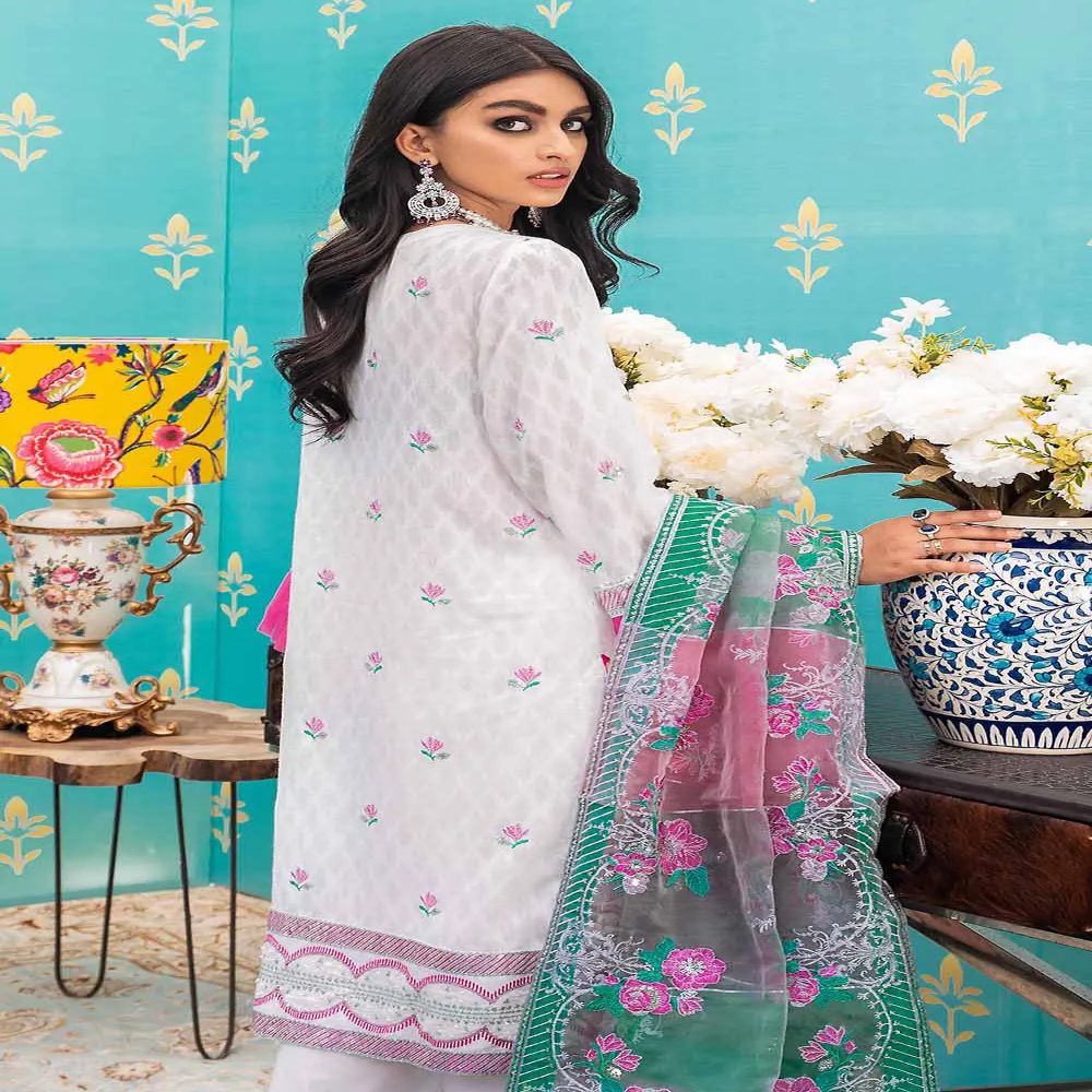 3PC Unstitched Jacquard Embroidered Suit with Striped Organza Dupatta FE-12025 - GulAhmed Luxury Jacquard Collection 2023 - Gul Ahmed Jacquard Sale 2023