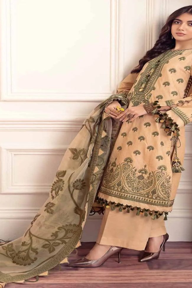 3PC Unstitched Lawn Embroidered Suit withMehsuri Jacquard Dupatta FE-22071 - Gul Ahmed Embroidered Collection