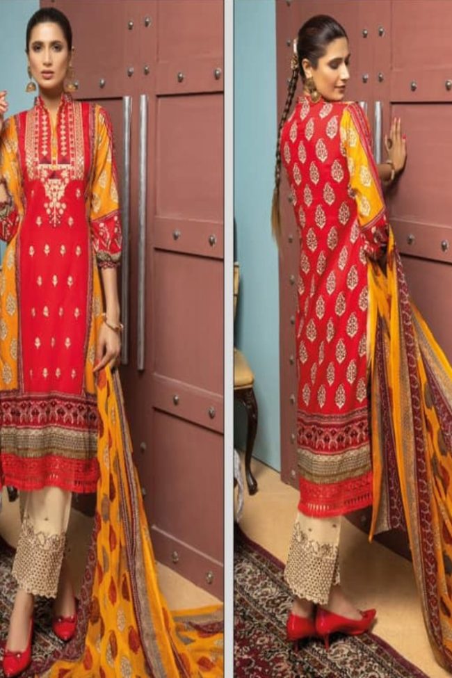 Palwasha Embroidered Neck, Chicken Trouser with Chiffon Dupatta by Arham Textile - AT-Palwasha-Vol-01-D-12