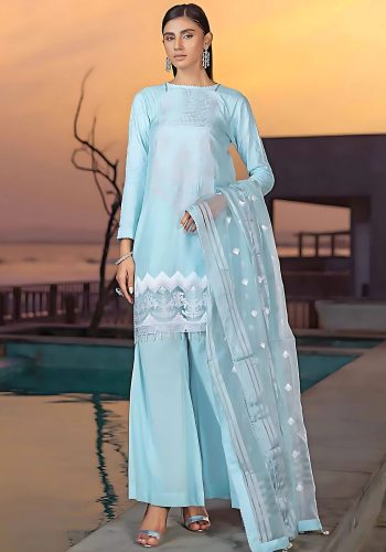 Gul Ahmed Embroidered Collection 3-Piece Embroidered Cotton Silk Unstitched Suit with Embroidered Organza Stripe Dupatta PM-32070 - Askani Group