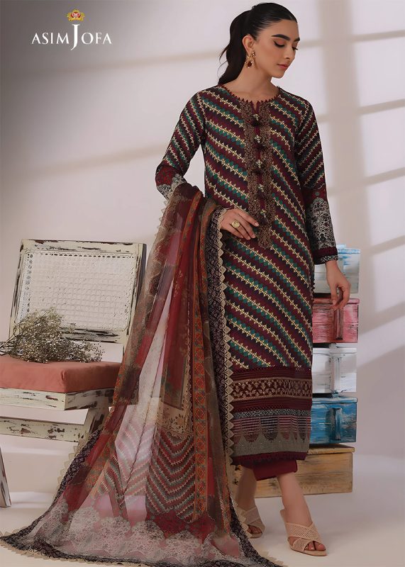 Asim Jofa 2-Piece Unstitched Embroidered Digitally Printed Cambric Shirt with Digitally Printed Chiffon Dupatta AJBP-22 - Askani Group